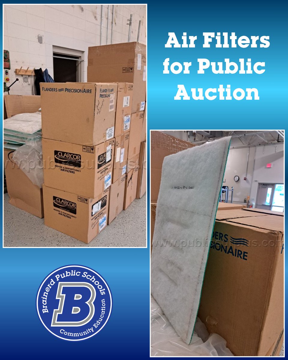 Brainerd Public Schools has Air Filters in assorted sizes for public auction. See listing for more details: ow.ly/10r650Xb1QF