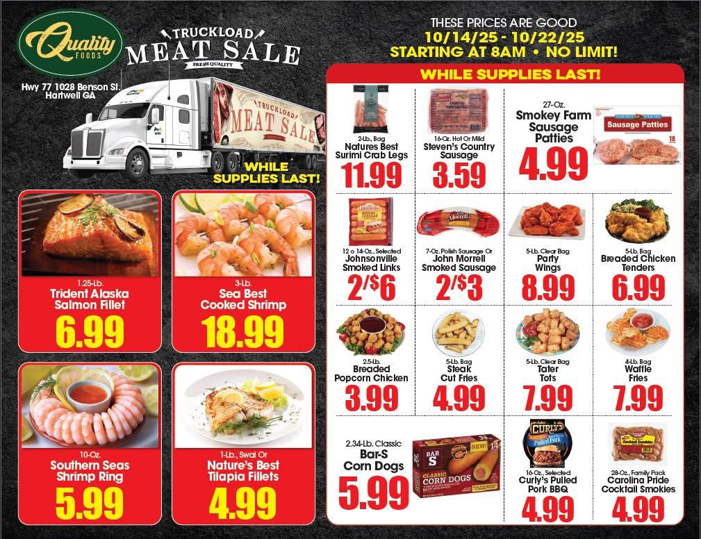 QualityFoodsInc's tweet photo. 🚛🔥 TRUCKLOAD MEAT SALE! 🔥🚛
Oct 14–22 • 8AM start
📍 Quality Foods Hartwell (1028 Benson St.)

🥩 Brisket $5.99/lb
🥓 Bacon $3.99/lb
🍗 Chicken $3.59/lb
🐟 Salmon $6.99/lb

No limits, no membership — just BIG savings! 💥 https://t.co/EO8uDtIyij