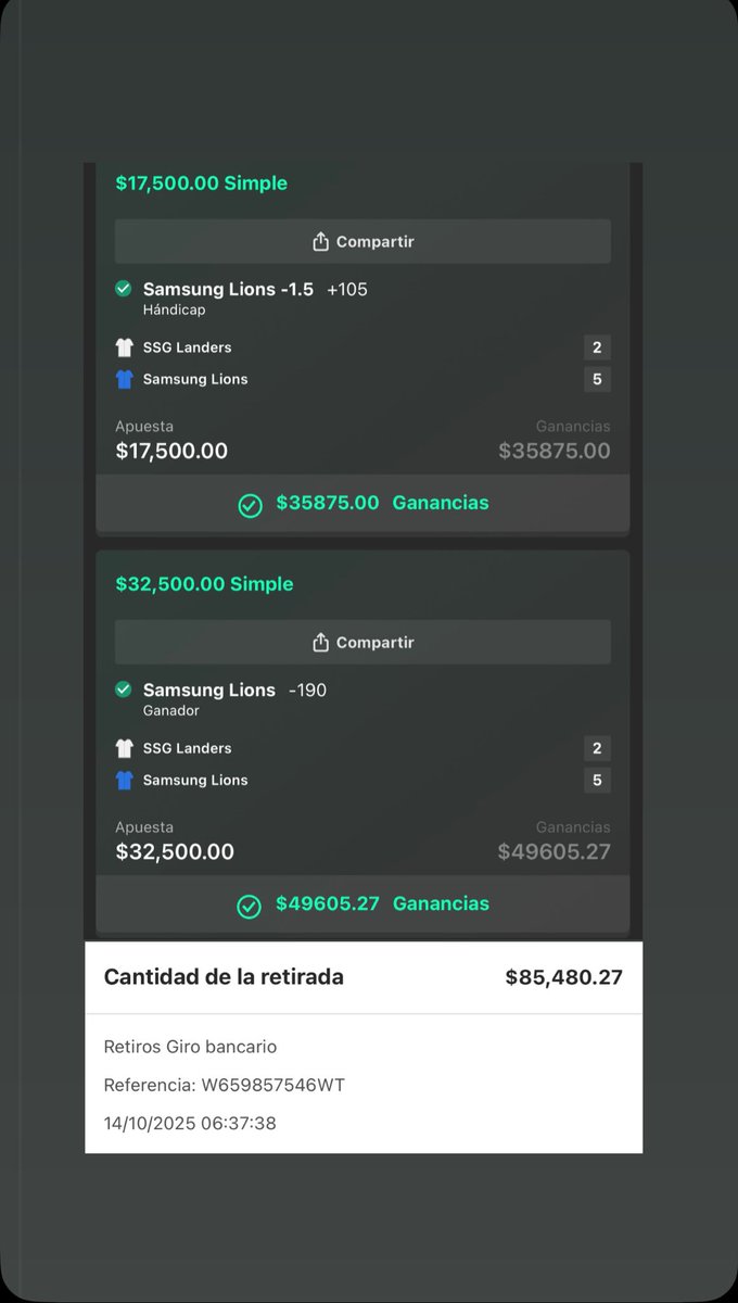 hugowx_'s tweet photo. GANAMOS LA JUGADA NOCTURNA KBO. Amanecimos más verdes que shrek 😎

Ya retire los $85,000 que me llevé con esta apuesta 💸

Gracias a todos por confiar en mí. Los amo 🫂 https://t.co/N9VaTk767D