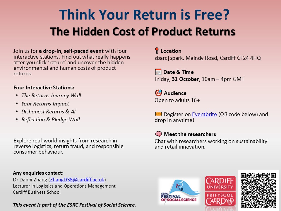 Think your return is free?

Drop in 31 Oct, anytime 10:00–16:00, sbarc|spark, Cardiff for ‘The Hidden Cost of Product Returns’, an ESRC Festival event with Dr Danni Zhang. Discover what really happens after you click ‘Return’. Find out more 👉 Eventbrite link.