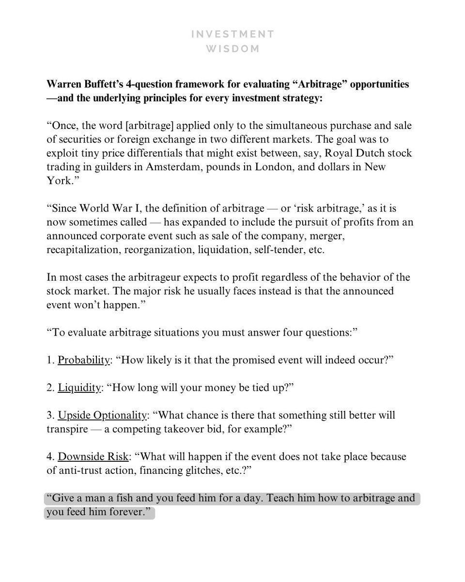 InvestingCanons's tweet image. Warren Buffett's “4-Question Framework” for evaluating "Arbitrage" opportunities
And the underlying principles for every investment strategy:
