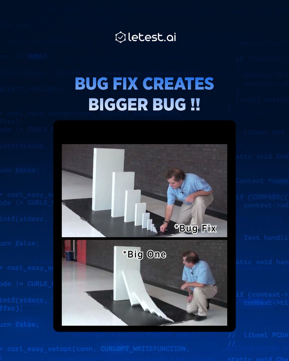 letest_ai's tweet image. What's the biggest bug a 'simple' fix has ever created for you? Drop your war stories in the comments! 👇😂 #TechMeme #CodingStruggles #SoftwareTesting