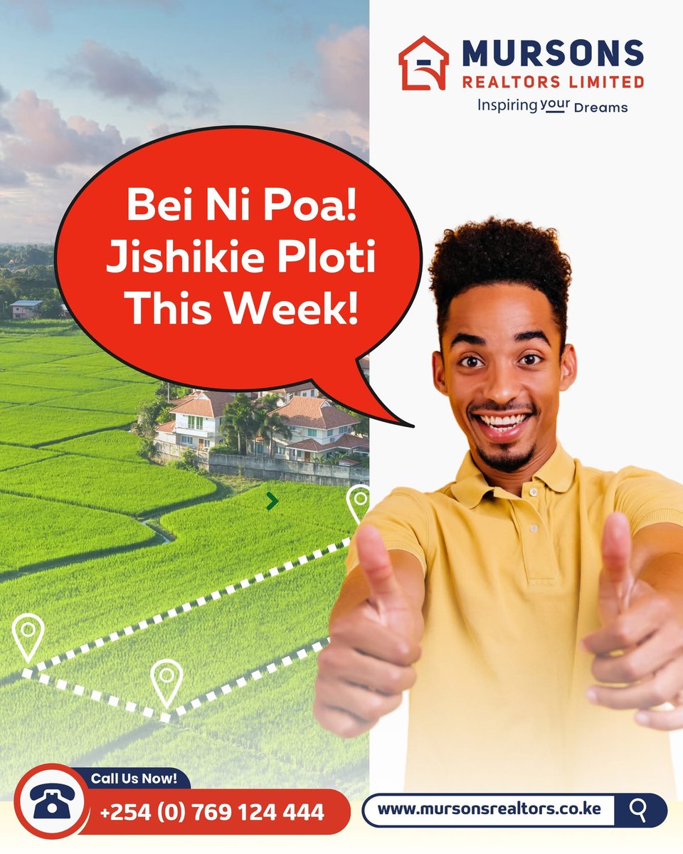 MursonsR's tweet image. Bei ni poa kabisa! 🙌
Don’t wait — jishikie ploti this week and start your journey to land ownership with Mursons Realtors! 

📞 Call us today: +254 769 124 444
🌐 mursonsrealtors.co.ke

#MursonsRealtors #OwnAPlot