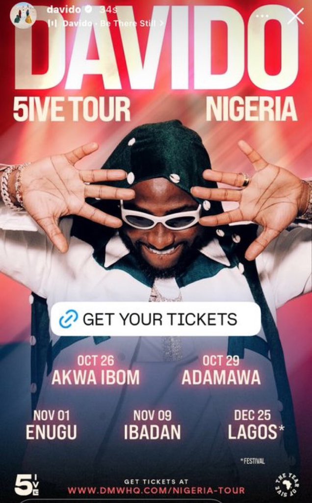 highchart's tweet image. JUST IN : 

Davido announces 5ive Alive Tour in Nigeria 🇳🇬 in 5 different states 🔥❤️

December go too hot omo I no fit wait to see my idolo 🥹

Ibadan and Lagos!!!! Catch me when you can 🫢