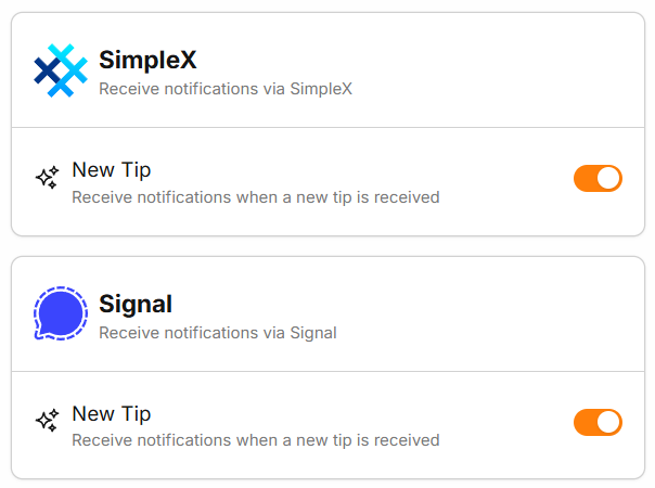xmr_chat's tweet image. We&apos;ve deployed Notifications as a beta feature. Get an alert via email, Signal, or SimpleX when you receive an xmrchat. Choose minimum tip amount to trigger an alert. Content creators, let us know if you&apos;d like to try this out and we&apos;ll enable it for your tip page.
