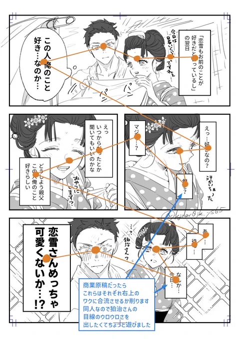 私が漫画を描く時に一番意識してるのは「読みやすさ」です。
オレンジ線が読者の視線の動きです。これを「2方向以上の選択肢を与えない」「なるべくこの線を単純化する」ことを考えています。同人だとゆるめにやってますが(1枚目)、商業(2枚目:解像度下げてます)だと少し応用して更に色々考えます。→ 
