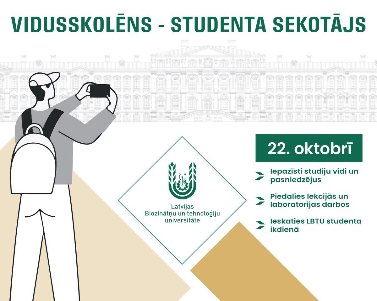 🤩 Pieteikšanās atvērta vēl vienu dienu - līdz 15. oktobra plkst. 15.00. 

📚 Nenokavē iespēju piedzīvot vienu dienu studenta lomā!
 
🔗 Pieteikšanās saite: ej.uz/5nvs