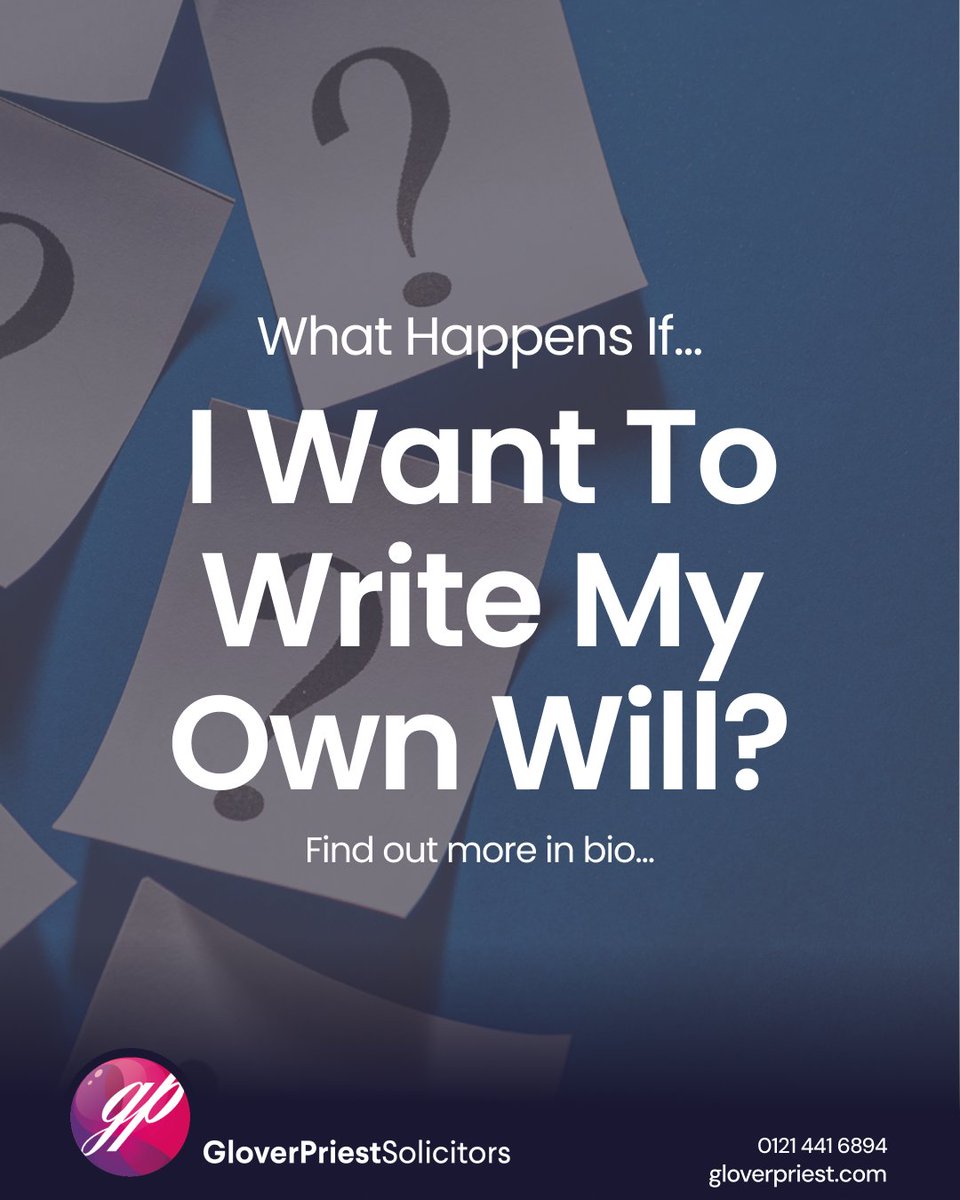 Have you ever wondered what happens if you write your own will? ✍️

If you're looking for a Private Client Solicitor in the Midlands, get in touch today:
📞 Call us - 0121 441 6894
🖇️ Learn more - Visit Our Website

#GloverPriestSolicitors #Wills #PrivateClient