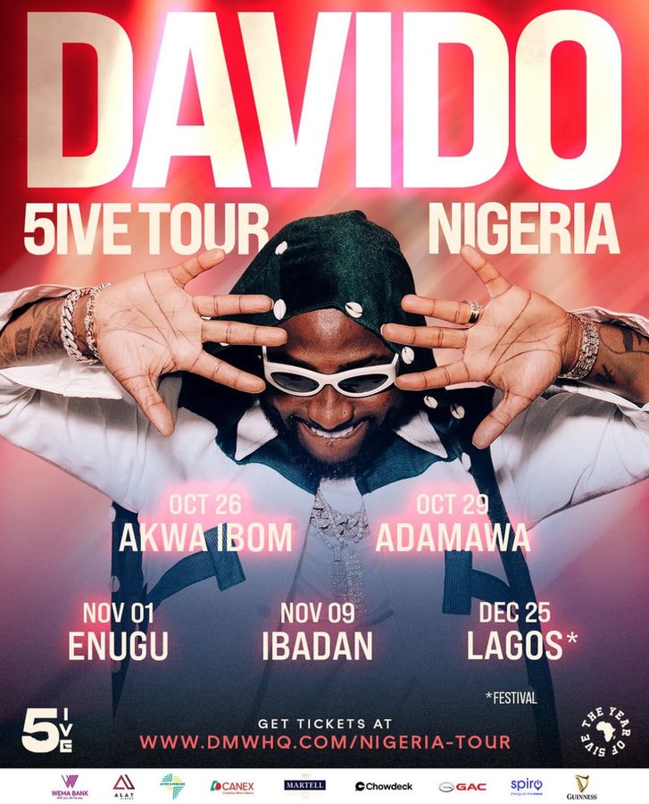 AlbumTalksHQ's tweet image. 🚨DAVIDO ANNOUNCES 5IVE TOUR IN NIGERIA 🔥😍
OCT 26 — AKWA IBOM
OCT 29 — ADAMAWA
NOV 1 — ENUGU
NOV 09 — IBADAN
DEC 25 — LAGOS