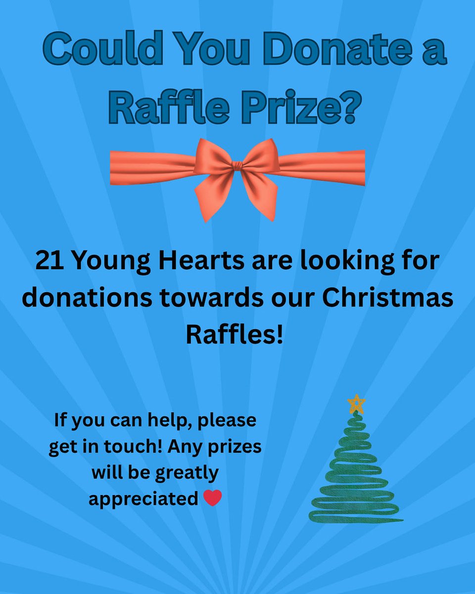 ❣️We have started to organise our Christmas events and are in need of some raffle prizes ❣️ 

If you, anyone you know or your company are able to donate a prize, we would be extremely grateful 🙏🏻 

Please email hello@21younghearts.co.uk if you can help 🥰 

#raffle #donations