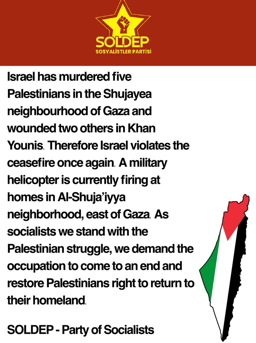 SoldepInt's tweet photo. Israel has murdered five Palestinians in Shujayea and wounded two others in Khan Younis. Therefore Israel violates the ceasefire once again. As socialists we stand with the Palestinian struggle, we demand the occupation to come to an end and restore Palestinians right to return. https://t.co/u3m4iEoyMK