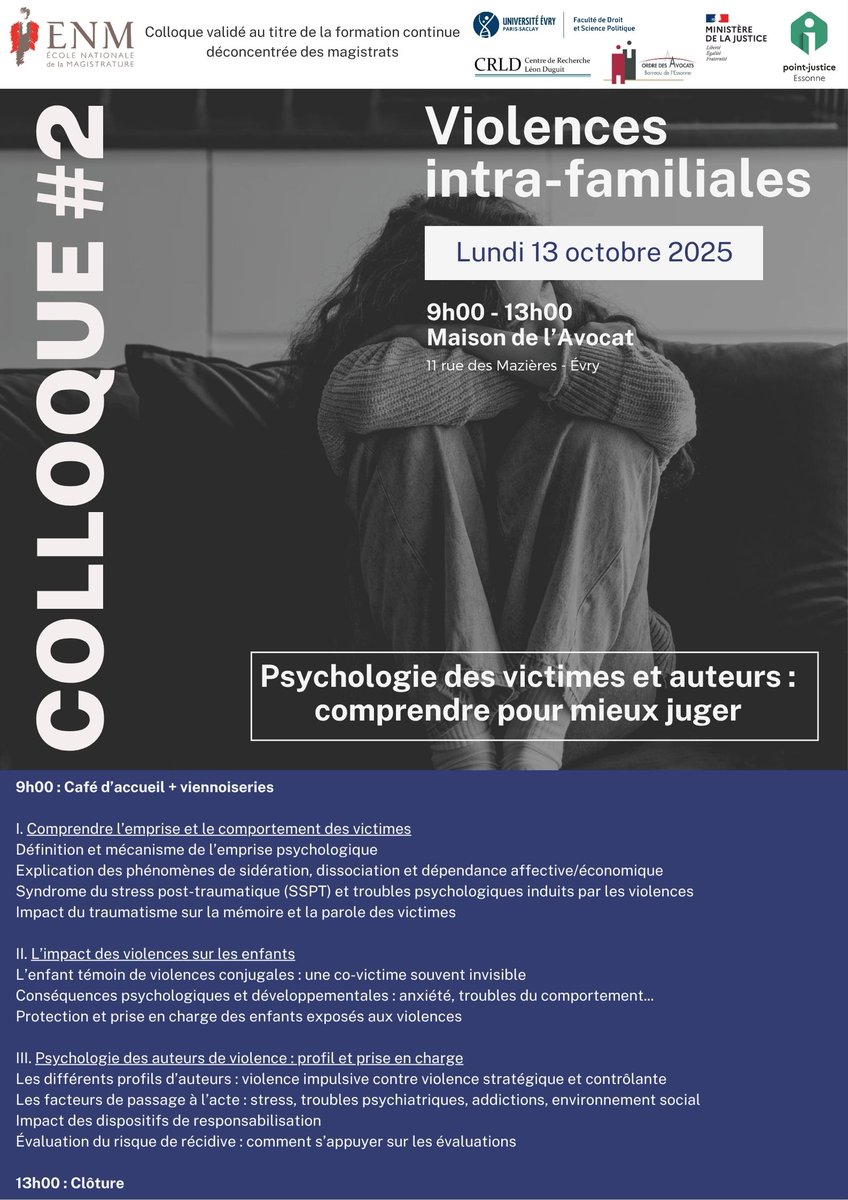 cdad_91's tweet photo. 🧠Colloque : comprendre pour mieux juger
✔️ Emprise psychologique et stress post-traumatique
✔️ Impact des violences sur les enfants
✔️ Profils d’auteurs et facteurs de passage à l’acte
✔️ Dispositifs de responsabilisation et prévention de la récidive
#ViolencesIntraFamiliales https://t.co/4wuUaCs18e