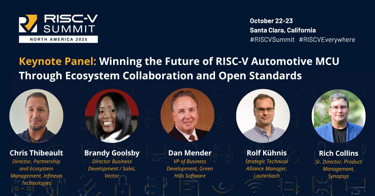 RISC-V International (@risc_v) on Twitter photo 🚗 NEXT WEEK at #RISCVSummit North America: Winning the Future of RISC-V Automotive MCU Through Ecosystem Collaboration and Open Standards  
For Infineon Technologies — one of the world’s largest automotive semiconductor suppliers — the future of automotive is based on RISC-V. 🚗 NEXT WEEK at #RISCVSummit North America: Winning the Future of RISC-V Automotive MCU Through Ecosystem Collaboration and Open Standards  
For Infineon Technologies — one of the world’s largest automotive semiconductor suppliers — the future of automotive is based on RISC-V.