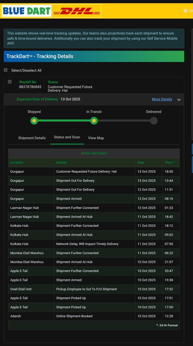 akash_sinha_7's tweet photo. Bad service. 
Ordered 2 packages from Apple India.
Both reached BlueDart office, but I only recieved one!
The expected date of delivery has passed.
There have been no updates regarding when I will get my package.
Even the contact no. is not reachable.
@BlueDart_  @BlueDartCares https://t.co/6nNYiRnhXx