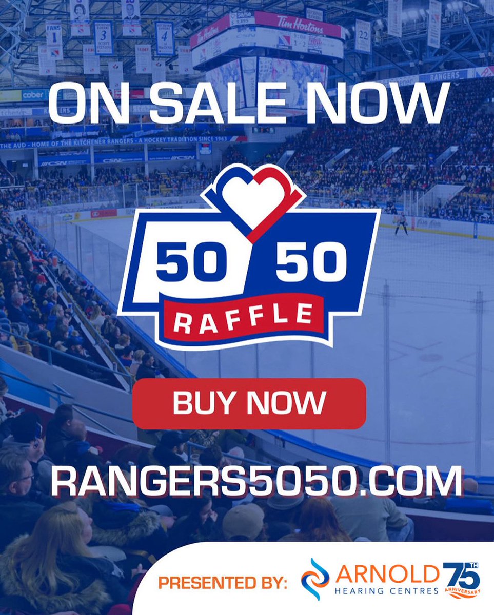 GAME DAY! 

50/50 tickets are on sale for tonight’s <a href="/OHLRangers/">Kitchener Rangers</a> game! 

Buy online, at the game or text “WIN” to 95050 ! 📲

Standard data &amp; message rates may apply 

🎟️ Rangers5050.com 

Presented by: <a href="/arnoldhearing/">Arnold Hearing Centres</a> 🦻