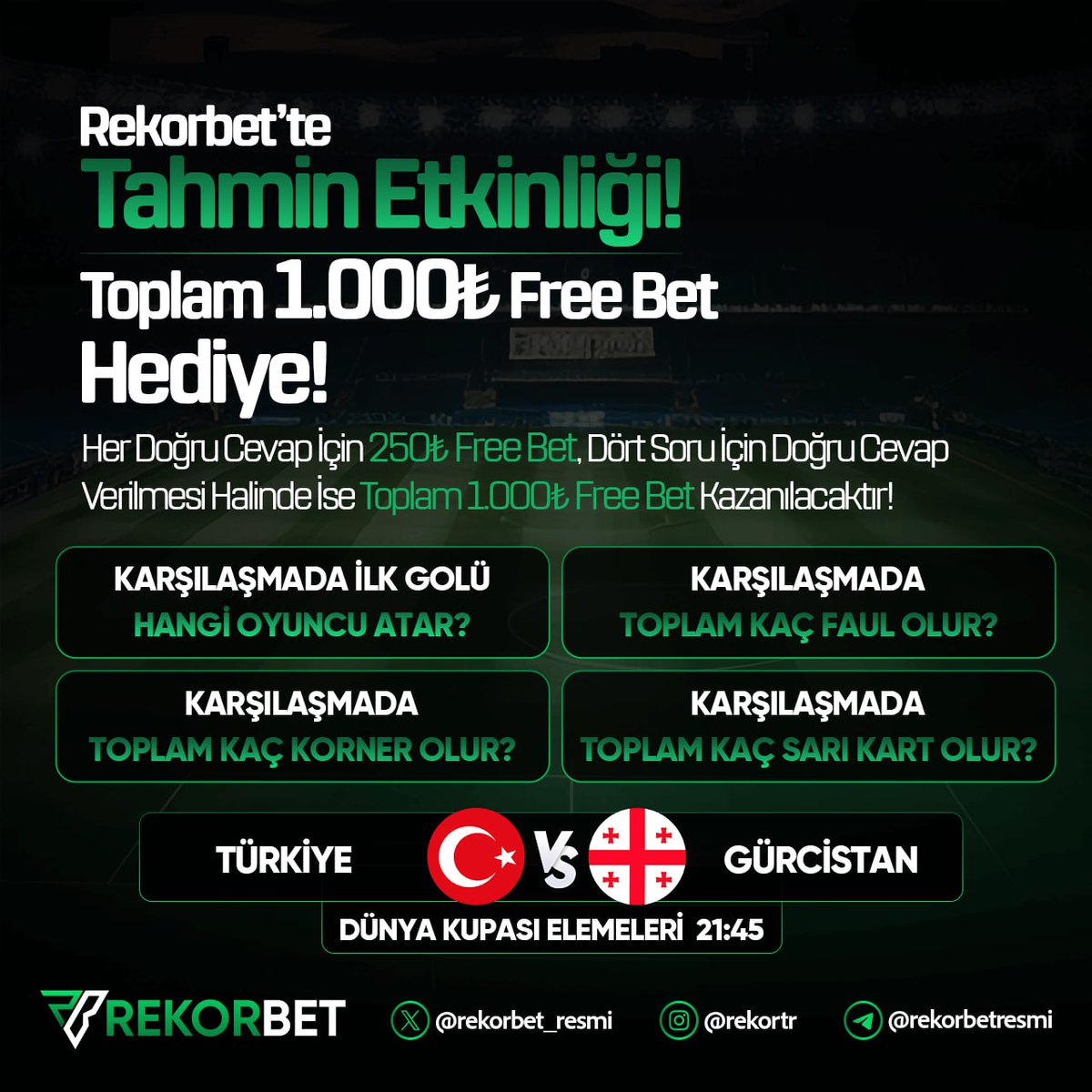 rekor_online's tweet photo. 😎1000₺ ÖDÜLLÜ TAHMİN ETKİNLİĞİ REKORBET'TE!

🔥 Dünya Kupası Elemeleri heyecanında her doğru cevap için 250₺, toplamda 1000₺ Freebet kazan!

✅ Gönderiyi retweetle,
🐦 X Hesabımızı takip et, 
🚀 Kullanıcı adınla beraber tahminini bırak!

🔥 HEMEN OYNA: https://t.co/g6IhXT0rNZ https://t.co/TExBEFPURT