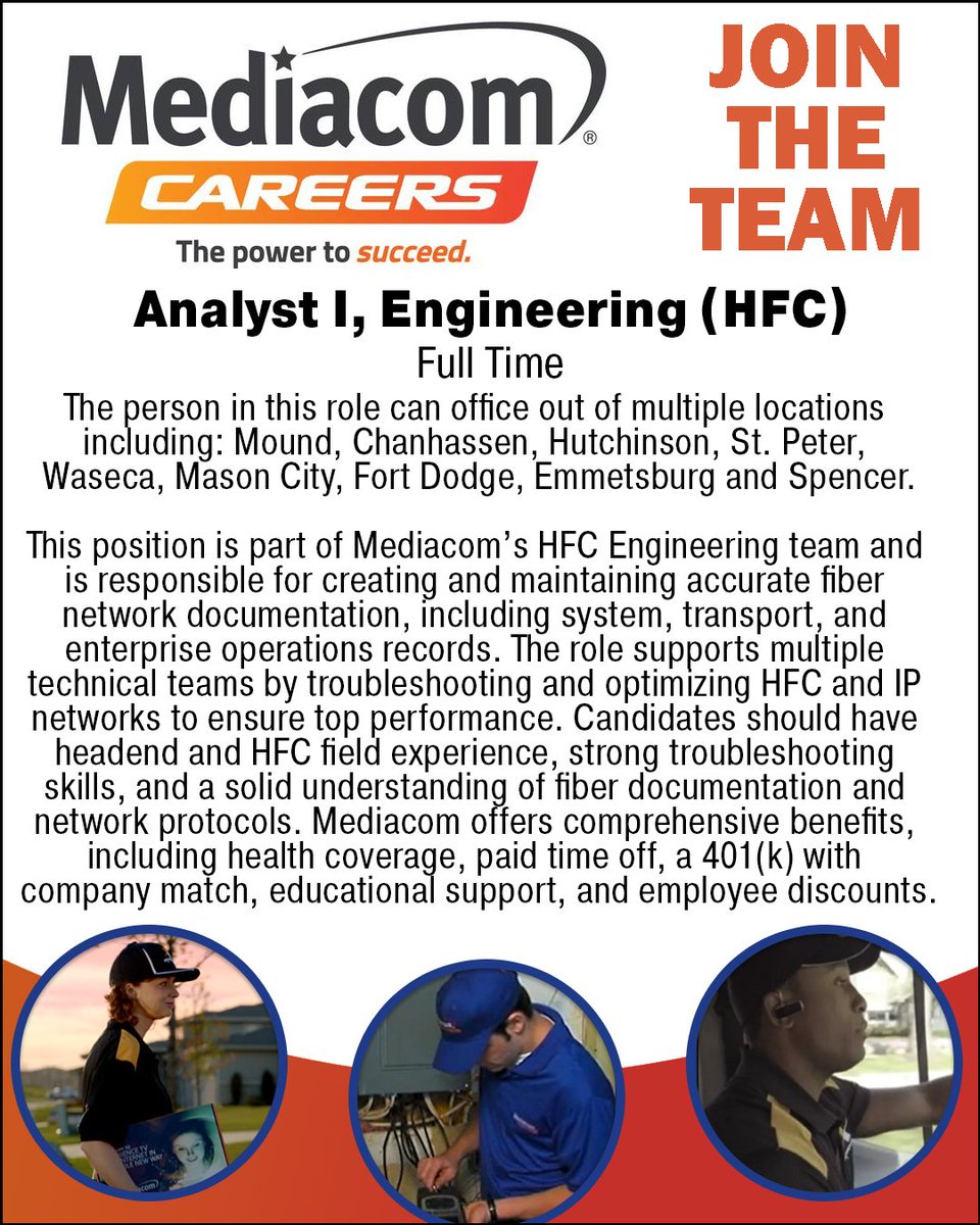mnjobs's tweet image. Join Mediacom’s HFC Engineering team!

Create and maintain fiber network documentation, support HFC/IP operations, and keep networks running at peak performance. 

Great benefits, training, and growth opportunities await --&amp;gt; mn-jobs.com/cgh

#TechJobs #EngineeringCareers