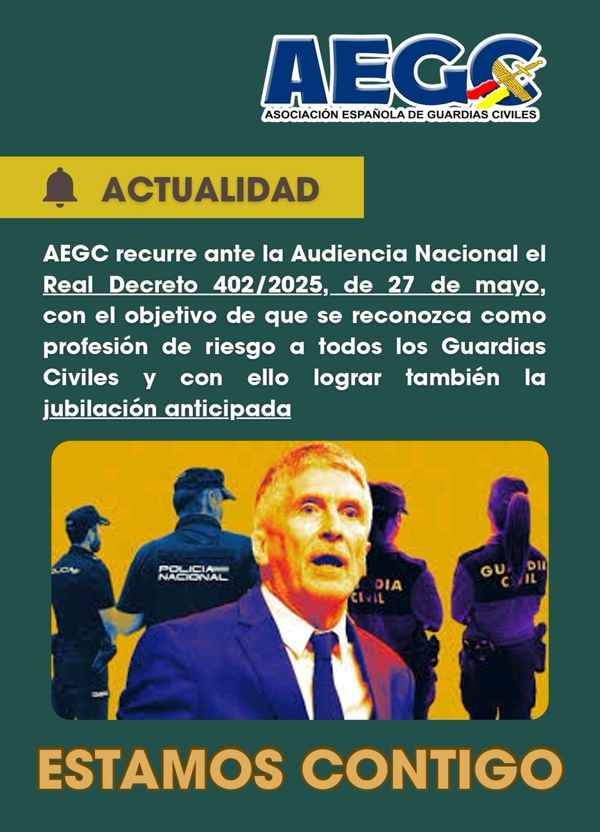 AEGC recurre ante la Audiencia Nacional el Real Decreto 402/2025, de 27 de mayo, con el objetivo de que se reconozca como profesión de riesgo a todos los Guardias Civiles y con ello lograr también la jubilación anticipada.

NO VAMOS A DEJAR A NADIE ATRÁS.

⚔️🇦 🇪 🇬 🇨 🇪🇸