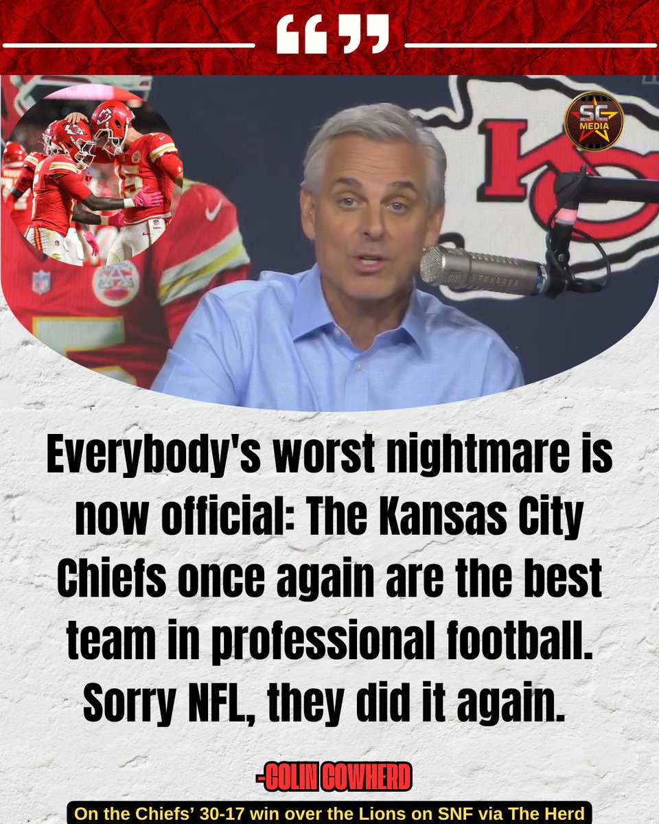 Starcade Media (@starcademediakc) on Twitter photo Colin Cowherd says the #Chiefs have done it again and that the #NFL's worst nightmare is coming true. #chiefskingdom
- <a href="/TheHerd/">Herd w/Colin Cowherd</a> Colin Cowherd says the #Chiefs have done it again and that the #NFL's worst nightmare is coming true. #chiefskingdom
- <a href="/TheHerd/">Herd w/Colin Cowherd</a>