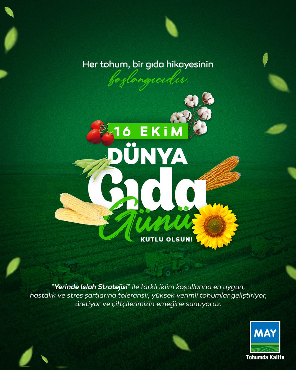 Her tohum, bir gıda hikayesinin başlangıcıdır.
Dünya Gıda Günü’nde; sürdürülebilir tarımın, verimli toprakların ve kaliteli tohumun önemini bir kez daha hatırlıyoruz.
16 Ekim Dünya Gıda Günü kutlu olsun.

#MAYTohum #TohumdaKalite #16EkimDünyaGıdaGünü #DünyaGıdaGünü #GıdaGünü
