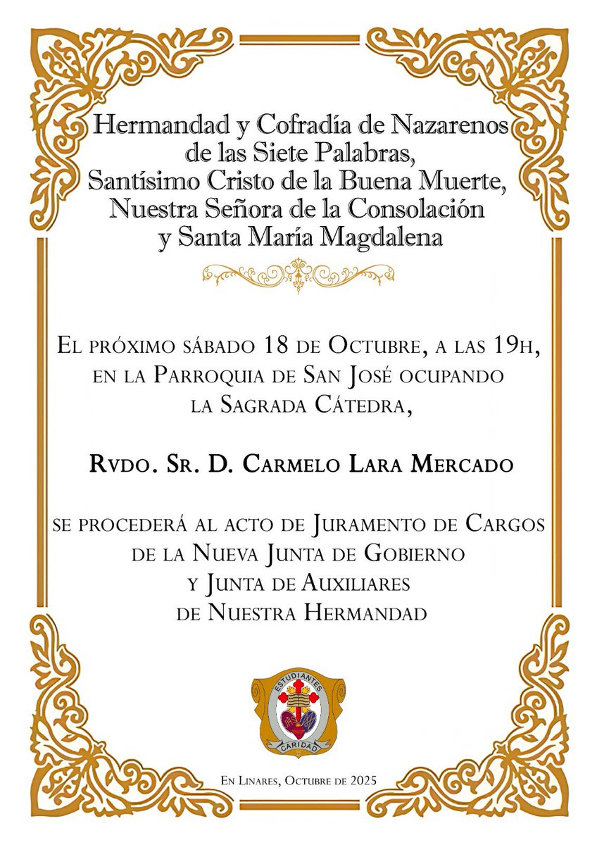 ✝️ JURA DE CARGOS |

📅 18 de octubre 
⏰ 19:00h
📍Parroquia de San José