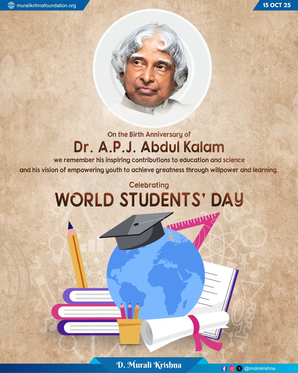 iamdmkrishna's tweet image. Today, as we honour Dr. A.P.J. Abdul Kalam on his birth anniversary, let us remember his belief that education is the most powerful tool for nation building.

Wishing all Krishnavikashians a happy World Students’ Day.

#krishnavikash #worldstudentsday #APJAbdulKalam #Students
