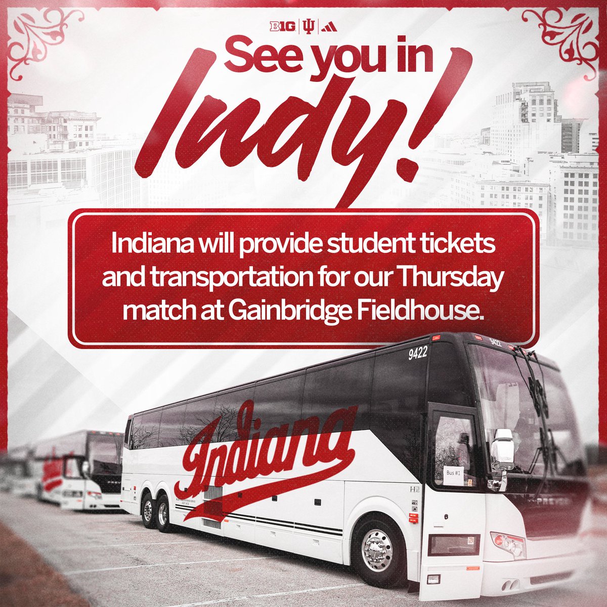 Indiana Volleyball (@indianavb) on Twitter photo 🚨 IU Students!
Limited student bus spots are available for our match at <a href="/GainbridgeFH/">Gainbridge Fieldhouse</a> on Thursday! Fill out the form below ASAP.
📝 iuhoosiers.com/form/2283 🚨 IU Students!
Limited student bus spots are available for our match at <a href="/GainbridgeFH/">Gainbridge Fieldhouse</a> on Thursday! Fill out the form below ASAP.
📝 iuhoosiers.com/form/2283