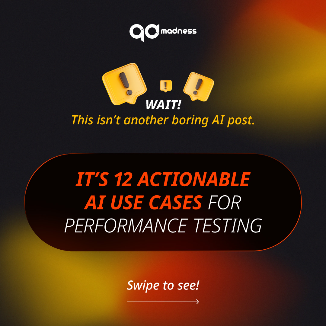 QAMadness's tweet image. Be honest, do you get bored seeing yet another AI-related post? That’s okay, we do too.🫂
But this one’s different.
No “AI will do this” or “AI will do that.”
Just 12 actionable use cases to boost your performance testing.👇
#softwaretesting #softwaretestingsolution #AI