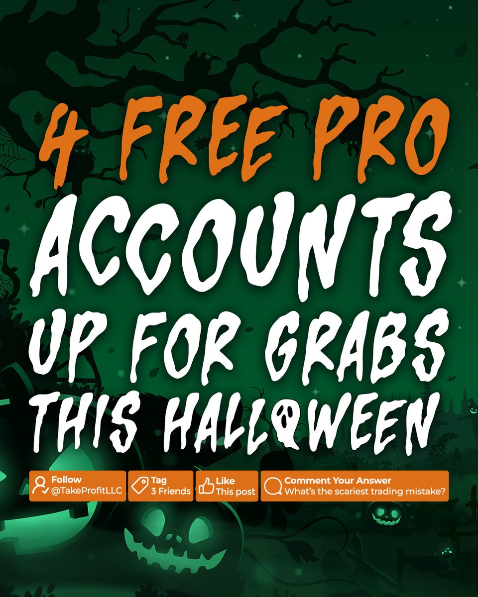 TakeProfitLLC's tweet image. Traders, got a trading mistake that would haunt you? 👻 Comment it below for a chance to win one of 4 FREE $50K PRO accounts we’ve put up for grabs! Here’s how to enter…

💀 Follow us on X (TakeProfitLLC) or on Instagram.

💀 Tag 3 traders / friends.

💀 Like this post.

💀…