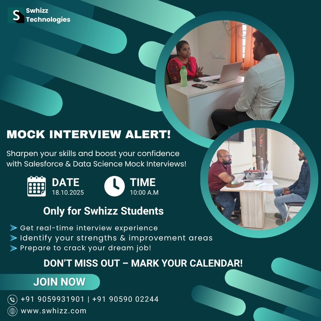 Swhizzofficial's tweet image. Swhizz Technologies is offering Salesforce & Data Science Mock Interviews on 18th October 2025, providing real interview experience, expert feedback, and exclusive guidance for Swhizz students.
📞+91 90590 02244
🌐swhizz.com
#MockInterview #CareerPrep #Salesforce