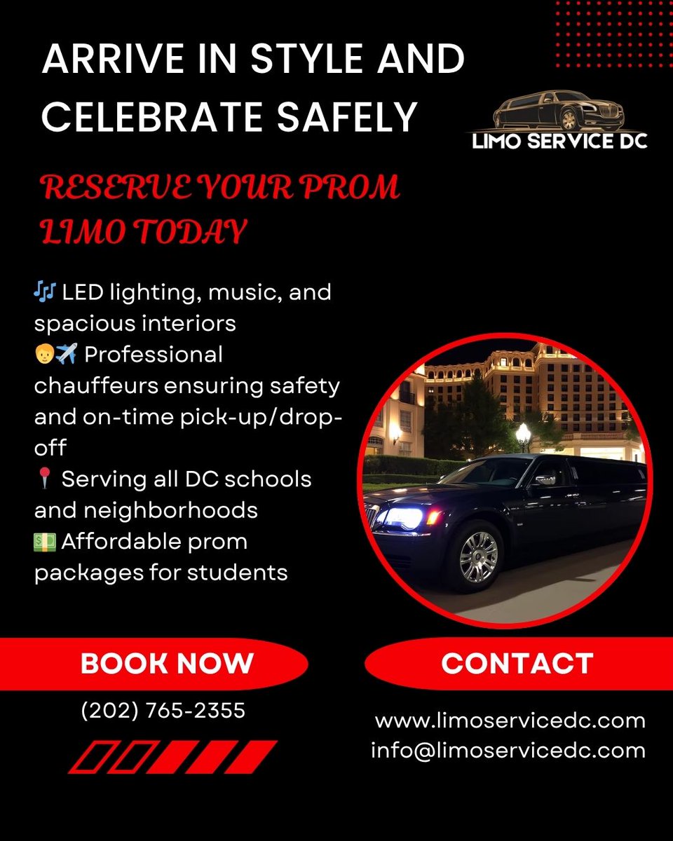 limoservicedcva's tweet image. Make prom night unforgettable!
📞 (202) 765-2355 | 📧info@limoservicedc.com
Visit: bit.ly/3Z71kGe
#PromLimoRental #PromLimoDC #LuxuryPromRide #PromNightStyle #NationwideChauffeuredServices #AffordablePromLimo #PromTransportationDC #LuxuryForLess #CelebrateInStyle