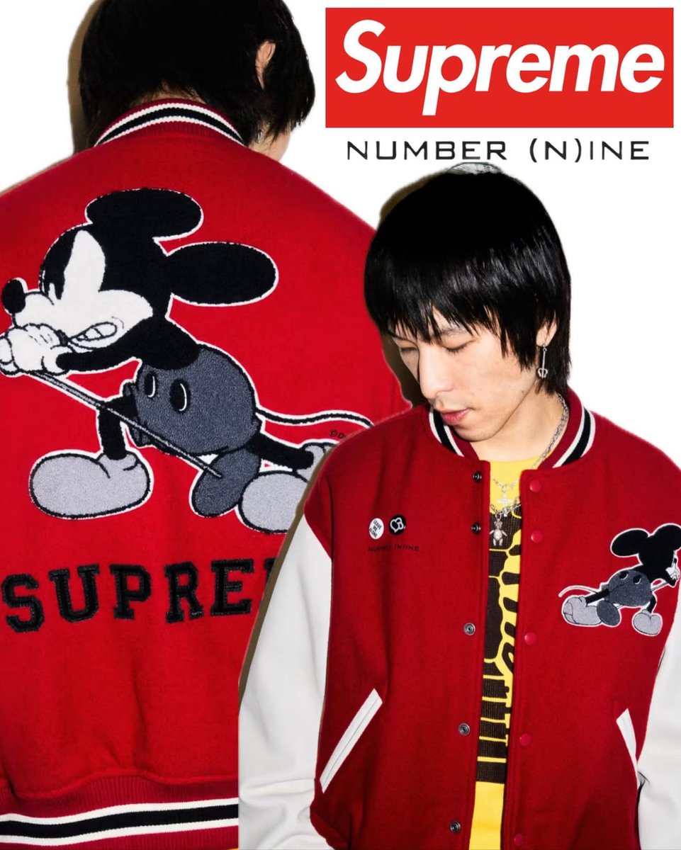 j　Supreme® Mickey Mouse Varsity Supreme Number (N)ine Mickey Mouse Varsity Jacket (FW25) - $668