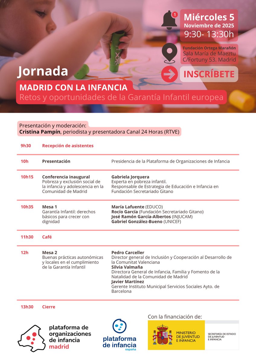 Inscripciones abiertas para la Jornada “Madrid con la Infancia”

🗓️ Miércoles 5 de noviembre 
⏰ 9:30-13:30h
📍Fundación Ortega Marañón (Madrid)

Imprescindible inscribirse ➡️ forms.office.com/pages/response…