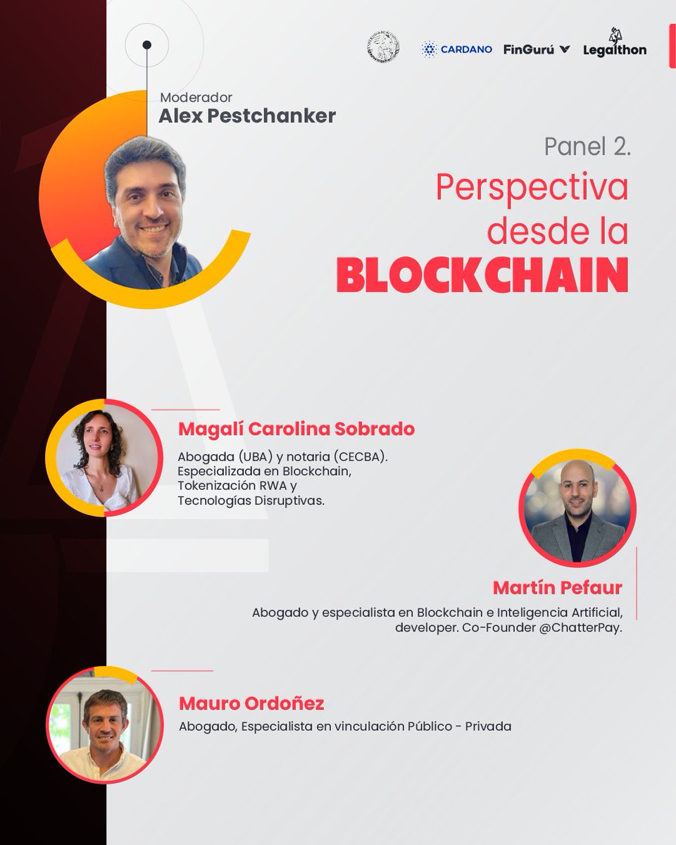 <a href="/Cardano/">Cardano Community</a> <a href="/Catalyst_onX/">Project Catalyst</a> <a href="/MauroCamano/">Mauro Camaño</a> <a href="/gabibattiato/">gabrielabattiato</a> <a href="/WillySchor/">Willy Schor</a> Panel 2: Perspectiva desde la blockchain🔗
<a href="/Cardano/">Cardano Community</a> <a href="/Catalyst_onX/">Project Catalyst</a> Alex Pestchanker, Magalí Sobrado, Martín Pefaur y Mauro Ordoñez.
