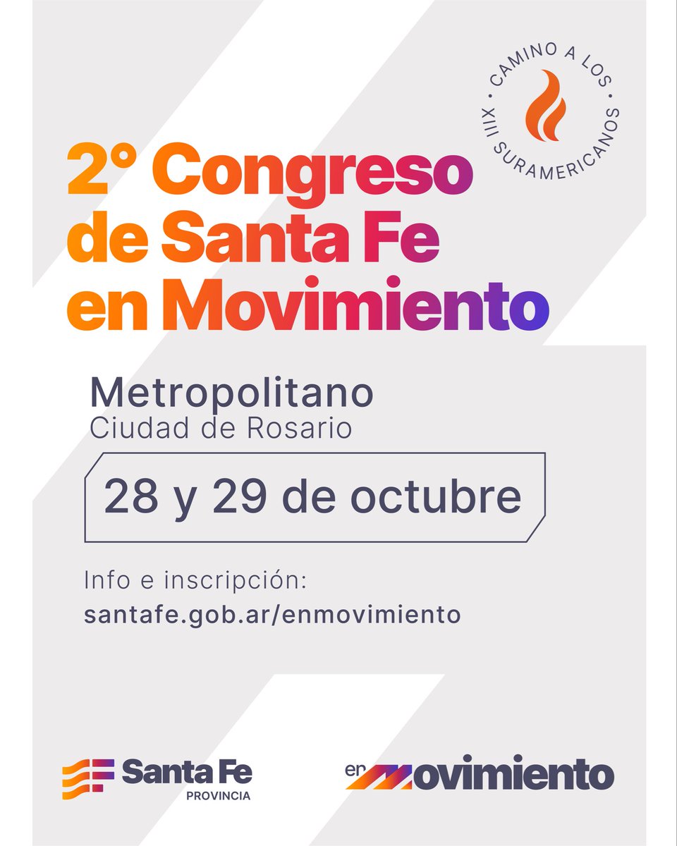 🏃🏻‍♂️ ¡2º Congreso de Santa Fe en Movimiento! 

📍 Se realizará el 28 y 29 de octubre en el Salón Metropolitano de la ciudad de Rosario.

❤️ ¡Ya podés inscribirte! Más info en: santafe.gob.ar/enmovimiento

#Educación #Aprendizajes #Congreso #SantaFeMovimiento #EducaciónFísica #Deportes