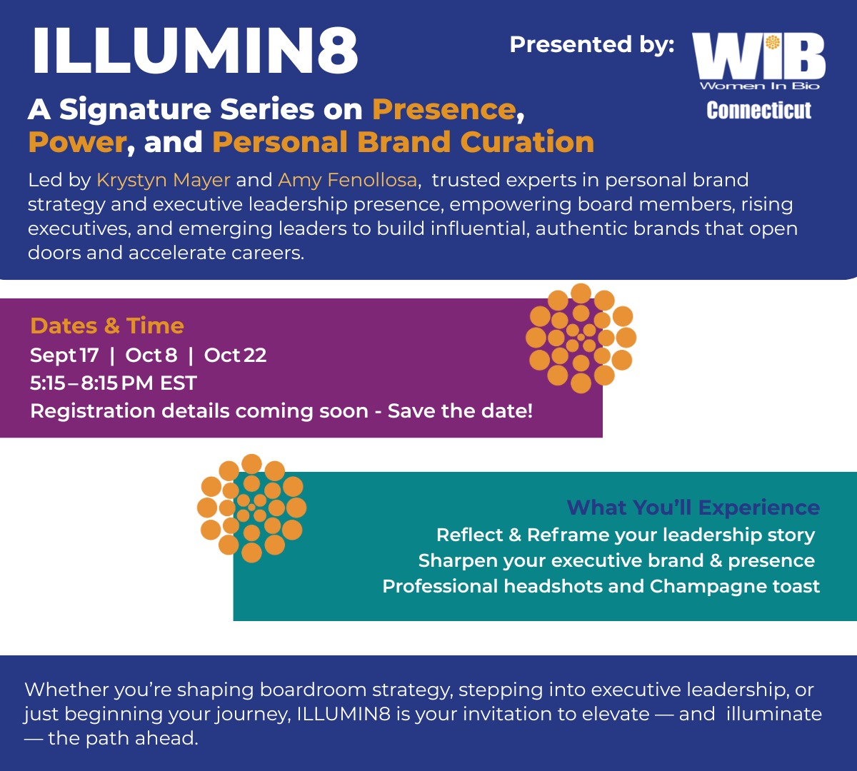 It’s the final #WIBCT #ILLUMIN8 Session! ✨

Join us on 10/22 for Session 3: The Power of Networks &amp; a Champagne Reception on 11/5!

Refine your networking skills, build lasting connections &amp; expand your influence.

Register here: bit.ly/3W8by6J

#Networking