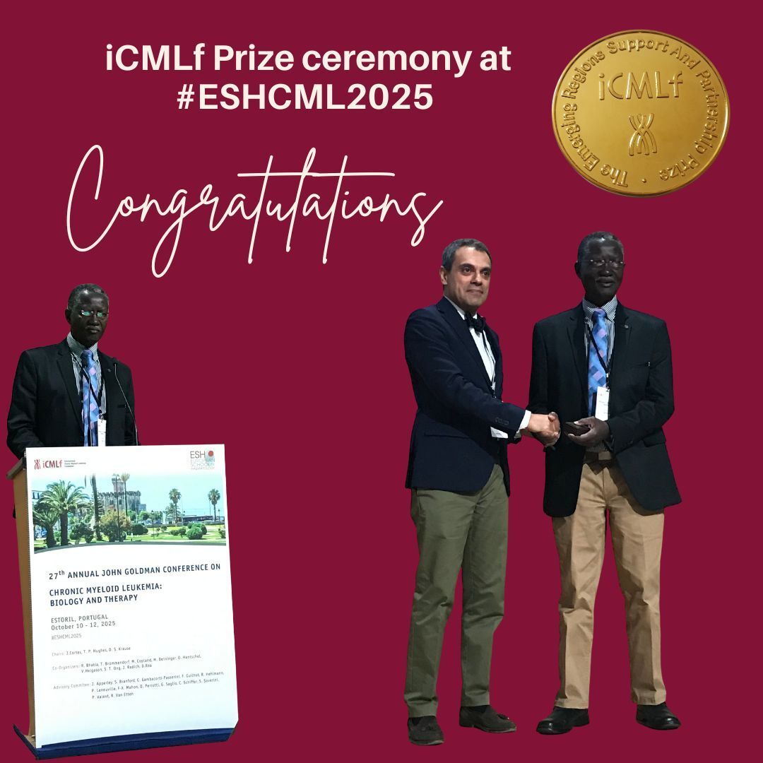 Congratulations to Professor Othieno-Abinya from Nairobi on receiving his iCMLf Prize medal at #ESHCML2025 - a well-deserved recognition of a lifetime devoted to advancing cancer treatment and access to care in Kenya and wider African region.        #ESHConferences #iCMLf