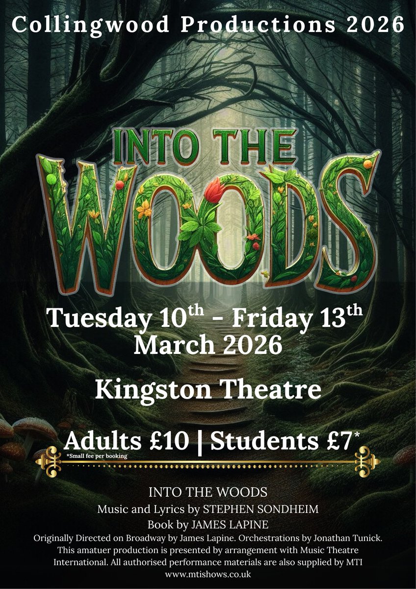 Into the Woods 2026 – Tickets On Sale Soon!  Collingwood Productions proudly presents Into the Woods 2026! 📷📷 Tickets go on sale Wednesday 22 October at 5pm – don’t miss your chance to journey into the woods with us.
📷 Book here: ticketsource.co.uk/collingwood-co…