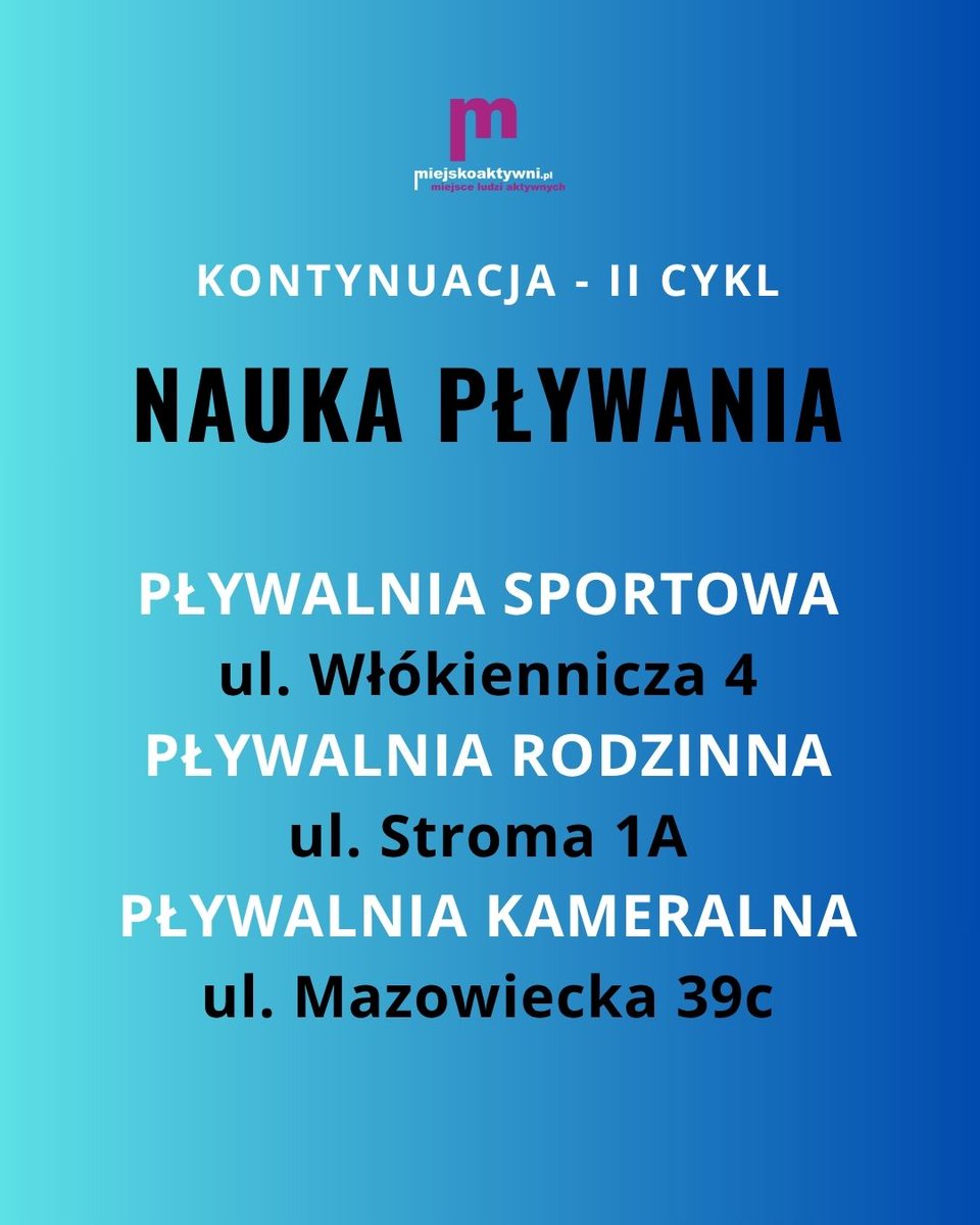 W grudniu ruszy II cykl nauk pływania na 3 pływalniach BOSiR. Obecni klienci mogą już opłacać II CYKL kursów nauki pływania i mają na to czas do 14.11.2025
Harmonogramy zajęć znajdują się na stronie miejskoaktywni.pl