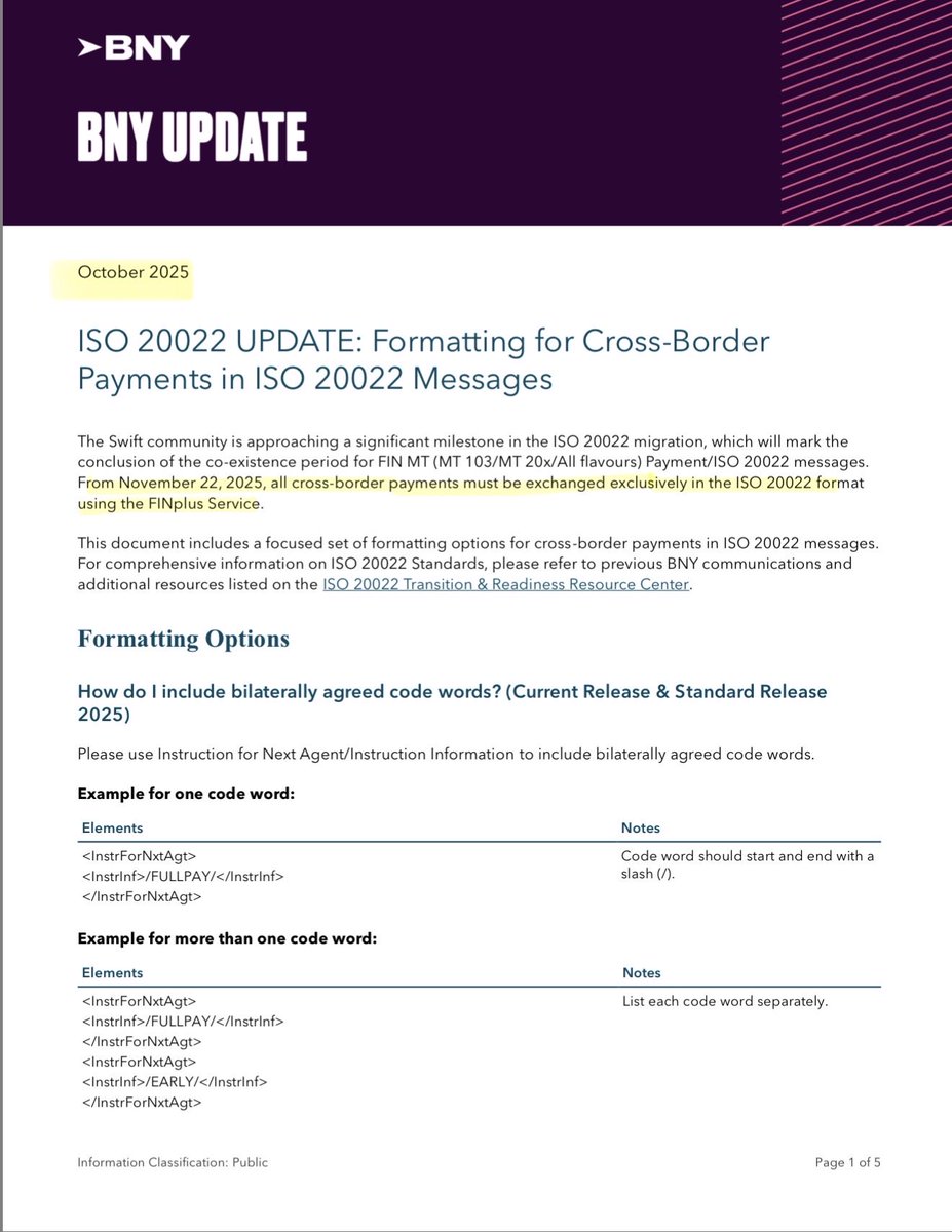 SMQKEDQG's tweet image. โผ๏ธOCTOBER 2025 BNY MELLON UPDATE: AFTER NOVEMBER 22ND 2025, ALL CROSS -BORDER PAYMENTS MUST EXCLUSIVELY USE ISO 20022โผ๏ธ
Documented.๐๐