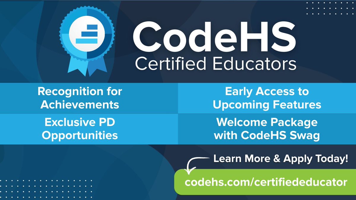 CodeHS's tweet image. CodeHS Certified Educator program is now open! Apply to be a certified educator at buff.ly/wldLOoN and showcase your impact in computer science education!
Applications close November 1st so get them in by then.
#CodeHS #ComputerScience #Teaching