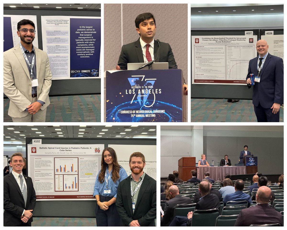 Photos from <a href="/IUMedSchool/">IU School of Medicine</a> med students, neurosurgery residents and faculty presenting at the <a href="/CNS_Update/">CNS</a> annual meeting in Los Angeles, California. Nice work, Fezaan Kazi, <a href="/RajLavadi/">Raj Lavadi</a>, Will Snyder, Ken Virgin, <a href="/SamPalmaMD/">Samantha Palma, MD</a>, Thomas Larrew, and Anoop Chinthala! #2025CNS