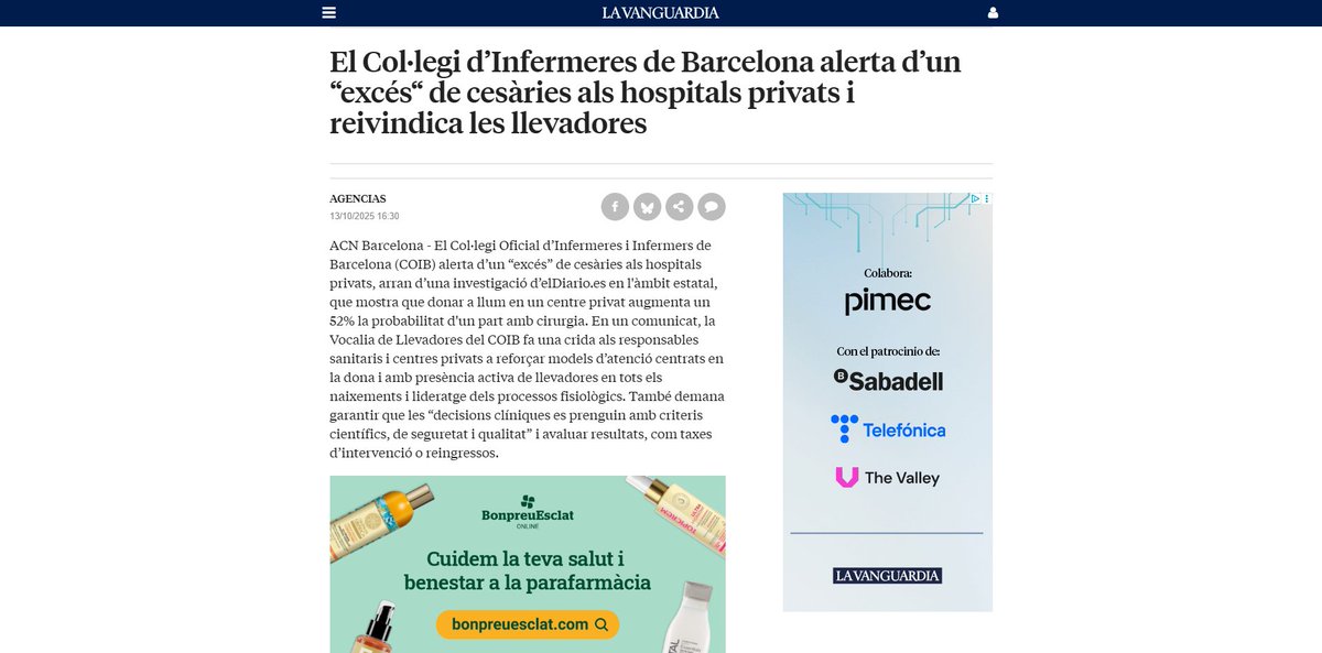 COIBarcelona's tweet photo. El Col·legi d’Infermeres de Barcelona alerta d’un "excés" de cesàries als hospitals privats i reivindica el paper de les #llevadores. 

🔗Avui a La Vanguardia: https://t.co/WhChDY69ku https://t.co/vwOsFnObop