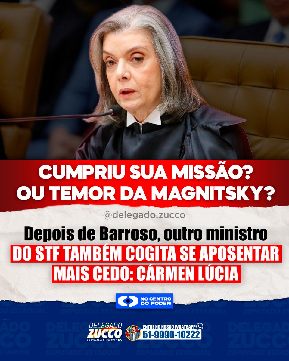 Muito estranho ver a ministra Cármen Lúcia querendo antecipar sua aposentadoria logo após Barroso. Seria medo de ser alcançada pela Lei Magnitsky ou apenas cansaço? O fato é que ela já cumpriu grande parte de seu papel: condenar Bolsonaro e, de quebra, abrir caminho para que Lula
