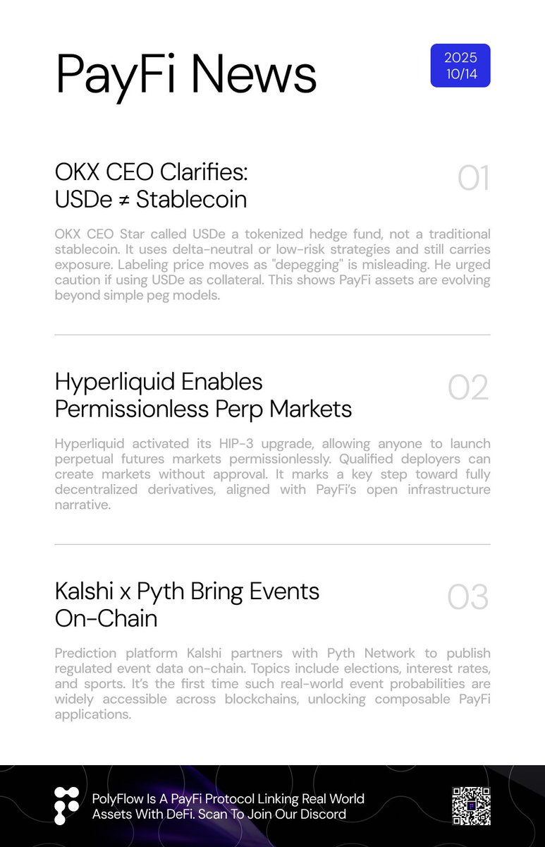 Polyflow_PayFi's tweet image. 🗞️ New drop — #PayFi Daily News
Quick insights. Real adoption. No noise.
#PolyFlow #Stablecoins #USDe #Hyperliquid #Kalshi #Pyth