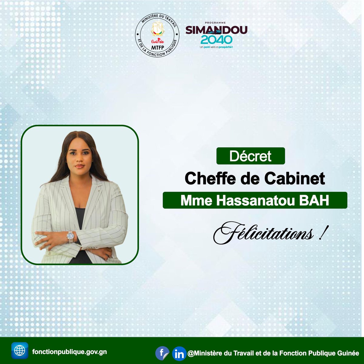 𝐍𝐨𝐮𝐬 𝐚𝐝𝐫𝐞𝐬𝐬𝐨𝐧𝐬 𝐧𝐨𝐬 𝐯𝐢𝐯𝐞𝐬 𝐟𝐞́𝐥𝐢𝐜𝐢𝐭𝐚𝐭𝐢𝐨𝐧𝐬 𝐚̀ 𝐌𝐚𝐝𝐚𝐦𝐞 𝐥𝐚 𝐧𝐨𝐮𝐯𝐞𝐥𝐥𝐞 𝐂𝐡𝐞𝐟𝐟𝐞 𝐝𝐞 𝐂𝐚𝐛𝐢𝐧𝐞𝐭 𝐩𝐨𝐮𝐫 𝐬𝐚 𝐧𝐨𝐦𝐢𝐧𝐚𝐭𝐢𝐨𝐧, 𝐞𝐭 𝐞𝐱𝐩𝐫𝐢𝐦𝐨𝐧𝐬 𝐧𝐨𝐭𝐫𝐞 𝐩𝐫𝐨𝐟𝐨𝐧𝐝𝐞 𝐠𝐫𝐚𝐭𝐢𝐭𝐮𝐝𝐞 au chef de l'Etat