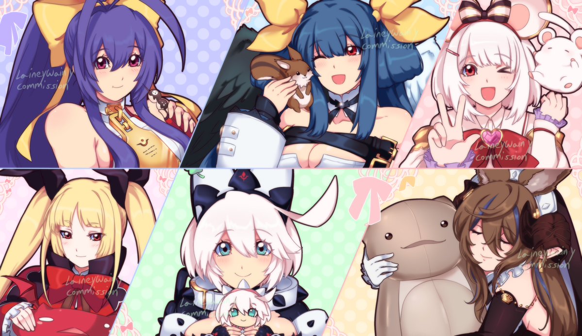 A big comm for <a href="/dizzygooning/">girlfailvivi</a> featuring Mai Natsume, Rachel Alucard, Dizzy, Elphelt, Vikala, and Galleon! ✨