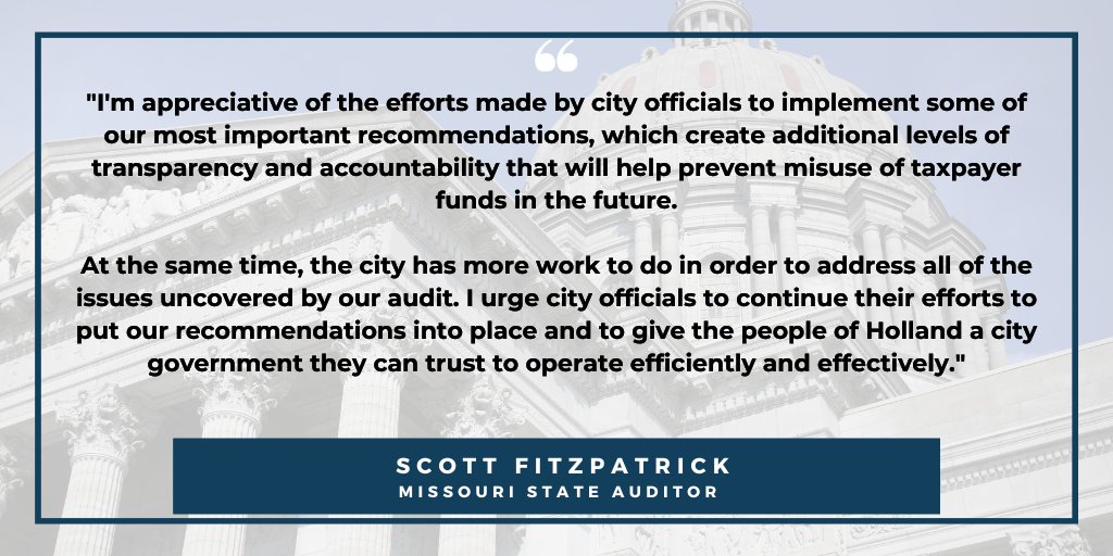 Auditor_Fitz's tweet image. A 2023 report issued by Auditor Fitzpatrick helped uncover more than $66,000 in taxpayer funds missing from the City of Holland, and a follow-up report issued today finds the city is making some progress in its efforts to make sure a similar breach of the public's trust can't…