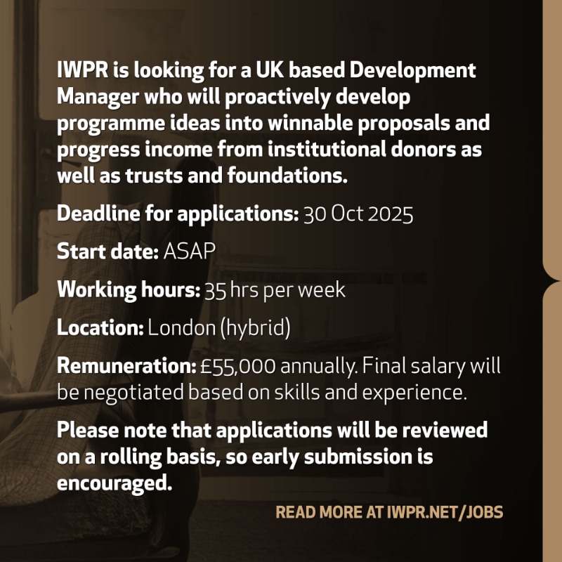 IWPR's tweet photo. IWPR VACANCY: Development Manager, UK - apply today!
#vacancy #developmentmanager
