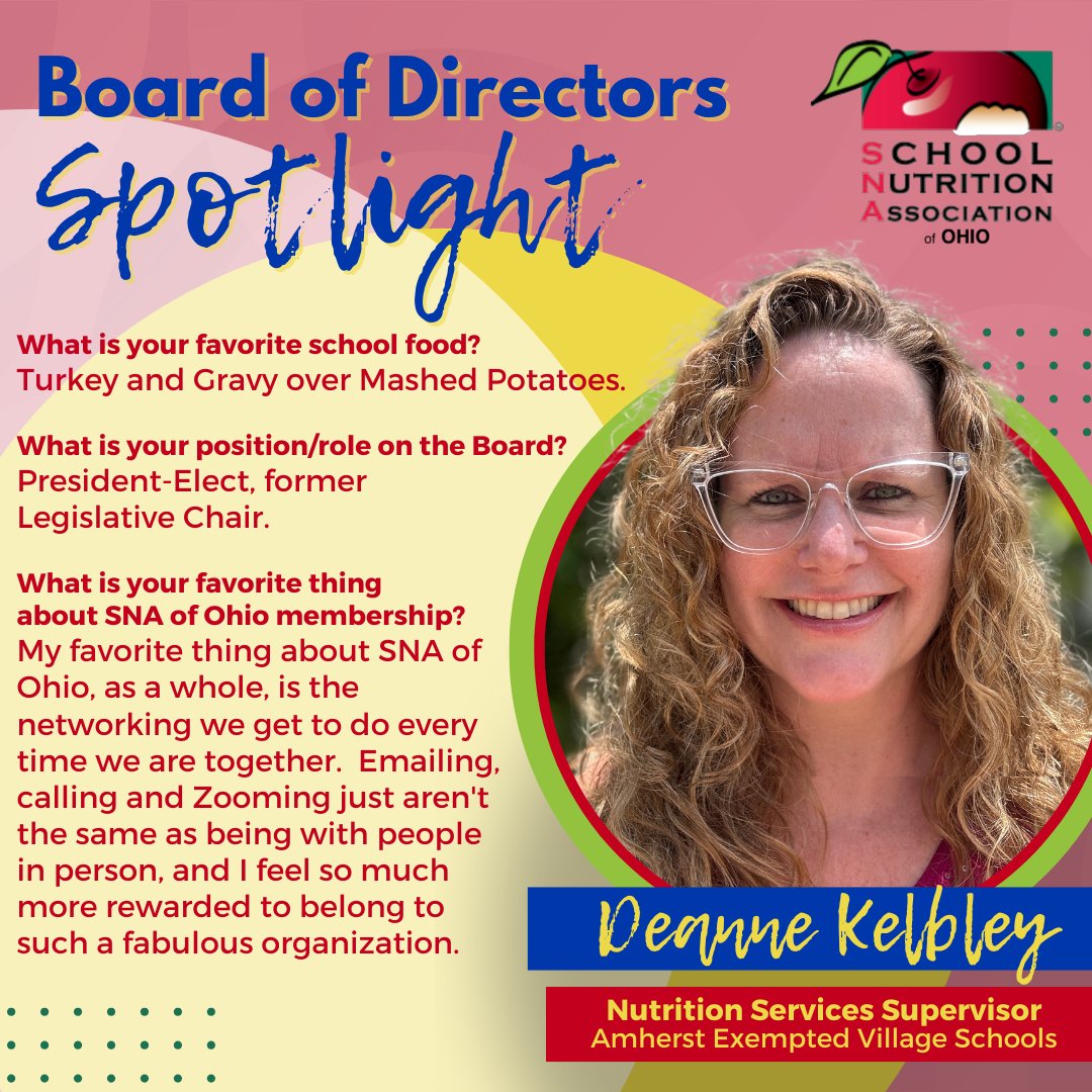 Meet Deanne Kelbley, our 2025-2026 President-Elect and the Nutrition Services Supervisor for Amherst Exempted Village Schools! 👋

With 2️⃣2️⃣ years in school nutrition, Deanne has made a lasting impact on her district and our association. 💙

#SNAofOhio #Ohio